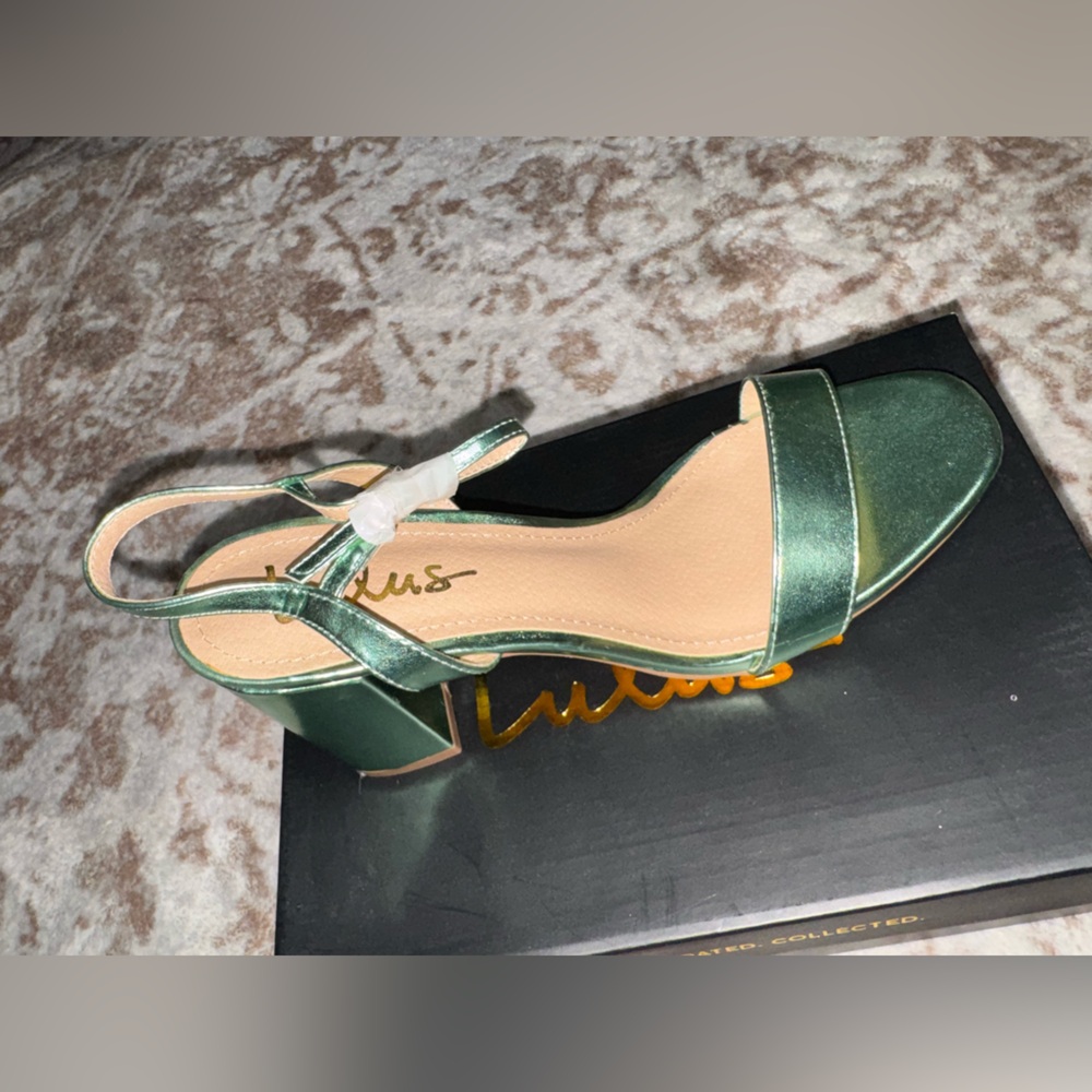 Lulu's Shimmery Green Satin Block Heel Sandals